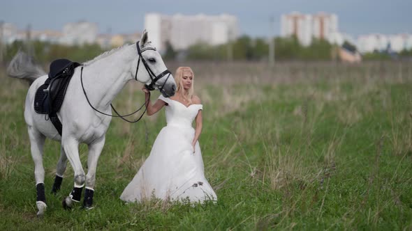 Runaway Bride is Leading Horse By Bridle on Field Romantic and Freedom