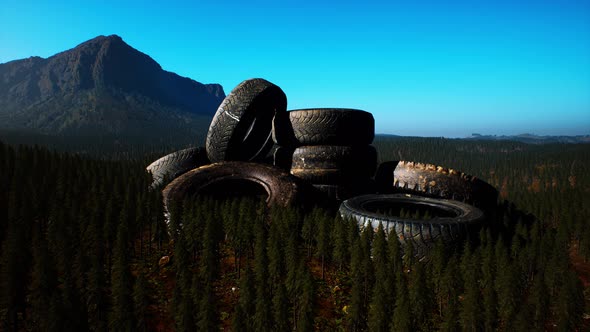 Concept of Environmental Pollution with Big Old Tires in Mountain Forest