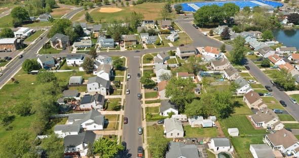 Aerial View Roofs of the Near a River Town Houses Sayreville in the Urban Landscape of a Small