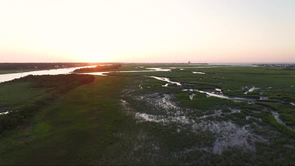 Aerial view of wetlands near Sunset Beach NC during sunrise