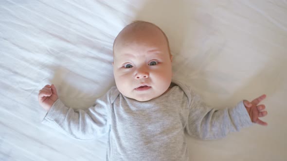 Sweet Baby Girl Looks Straight at Camera Waving Tiny Hands