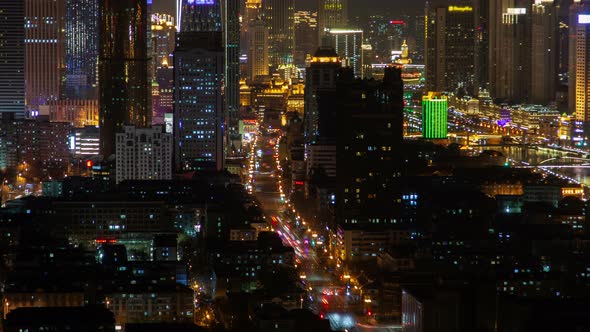 Tianjin Night Aerial Cityscape Panorama China Timelapse Pan Up