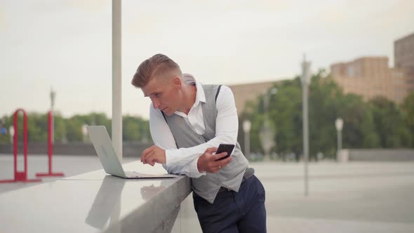 Business Businessman Celebrating Success Using Laptop Excited Caucasian Male Business Person Win