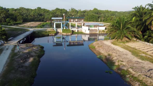 Drone view fly over dark river