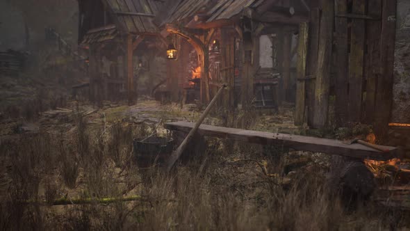 Old Rural Abandoned Wooden Village Under Cloudy Sky in Autumn Season alt