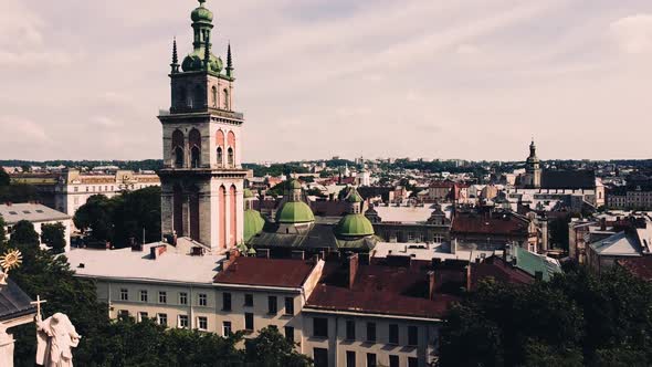 Aerial drone view of a flying over the Catholic Cathedral.