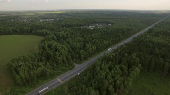 Aerial Shot of Road Traffic in the Countryside, Russia