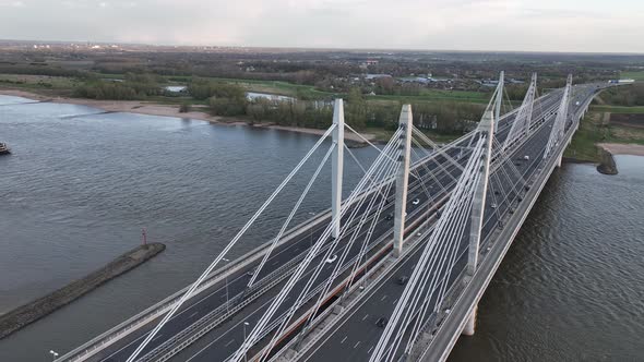 Road Surface and Traffic on Tacitusbrug Bij Ewijk Modern Suspension Bridge Crossing the River Waal