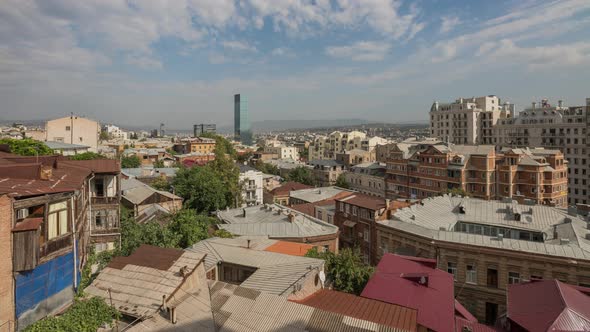 Panorama Old Part Tbilisi City in Georgia with Tile Roofs and Modern Buildings and Skyscrapers