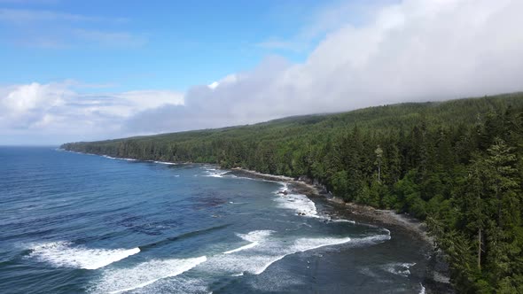 4k aerial footage of Sombrio beach on Vancouver Island. Trucking cinematic cameraement revealing the