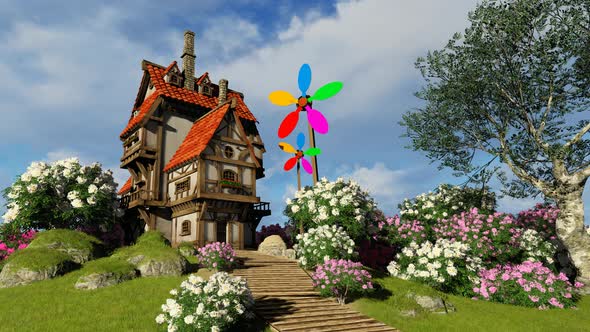 Fairy Tale House Surrounded By Flowers