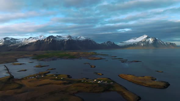 Fantastic Aerial Views of the Landscape in Iceland with Vestrahorn Mountains on the Horizon