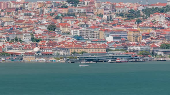 Panorama of Lisbon Historical Centre Aerial Timelapse Viewed From Above the Southern Margin of the