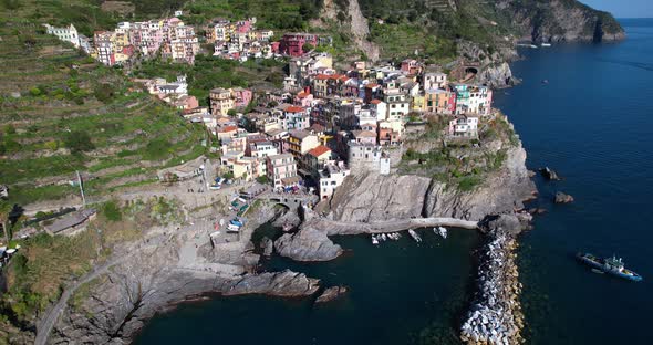 Drone view of colorful coastal hamlet of Manarola on alluring Cinque Terre