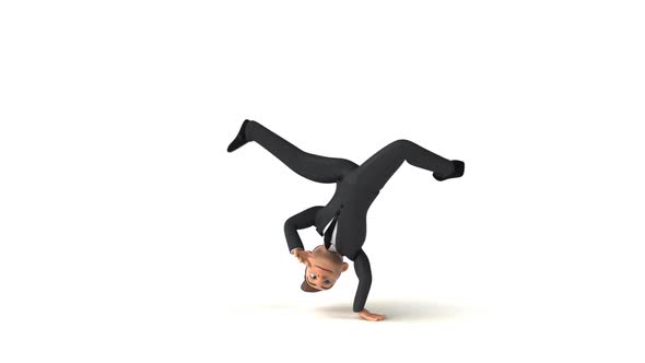 Fun 3D cartoon business man doing breakdance