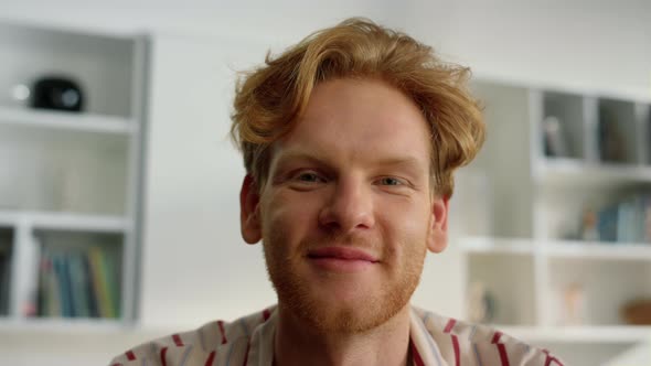 Closeup Positive Guy Chatting Online with Family