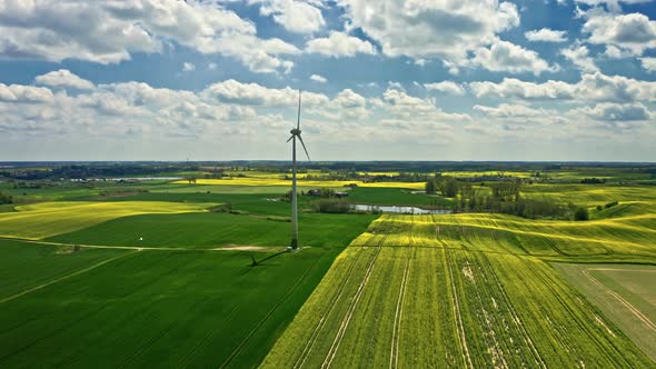 Stunning yellow rape fields and wind turbine. Poland agriculture.