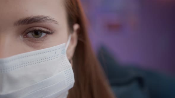 Happy Cheerful Young Woman Teenager Portrait in Medical Safety Protection Mask Coronavirus Covid 19