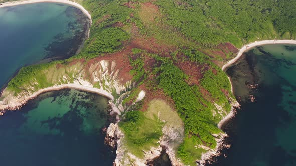 Drone View of the Rocks and Grottoes of Cape Kuzmin in the Gulf of Vladimir