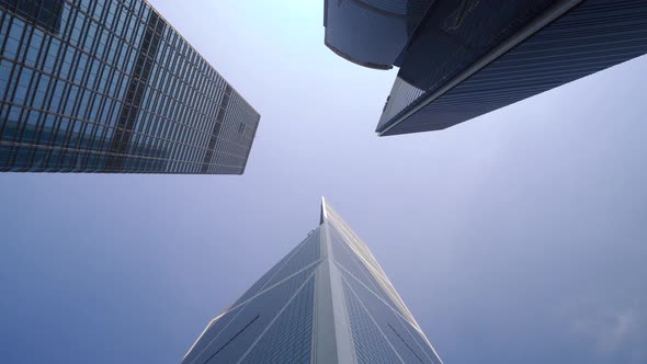 POV View of Skyscraper Buildings in the City. Modern Financial Business District 