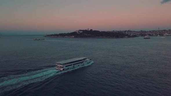 Aerial tracking of cruise ship in istanbul Bosphorus