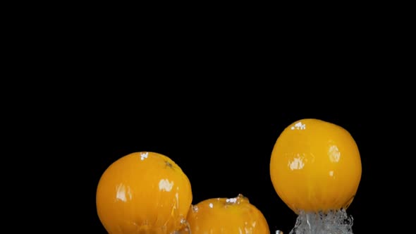 Pack of Oranges are Bouncing From the Water with the Water Splashes