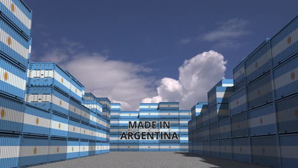 Many Containers with MADE IN ARGENTINA Text and Flags