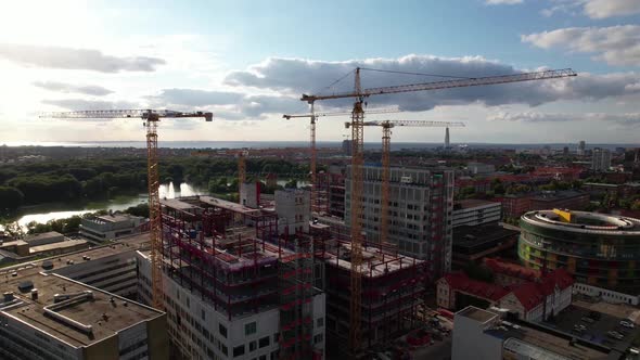 Aerial view of construction project, Malmö, Oresund bridge spotted