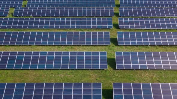 Flight Over a Field of Solar Panels in Sunny Summer Day