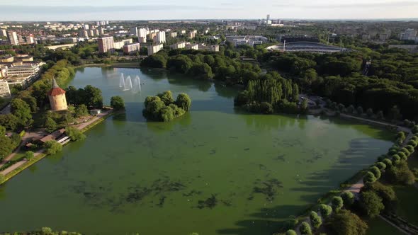 Park in Malmö, Sweden from above, drone diving