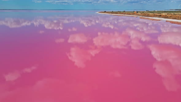 Drone Flight Over Colorful Pink Lake with Salt Coast and Beautiful Sky with Dramatic Clouds