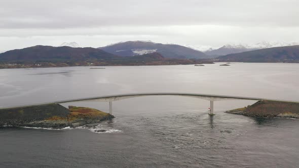 Panorama Of Storseisundet Bridge. Atlantic Ocean Road, Atlanterhavsveien In Norway. Aerial Wide