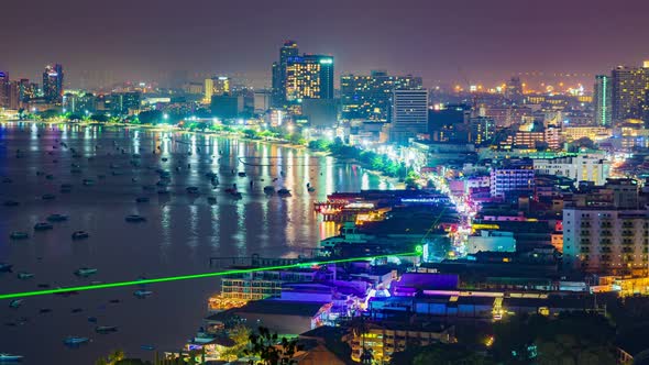 timelapse of Pattaya city and the many boats docking at night