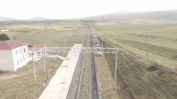 Samtskhe-Javakheti, Georgia - August 20 2021: Aerial view of Pokani railway station