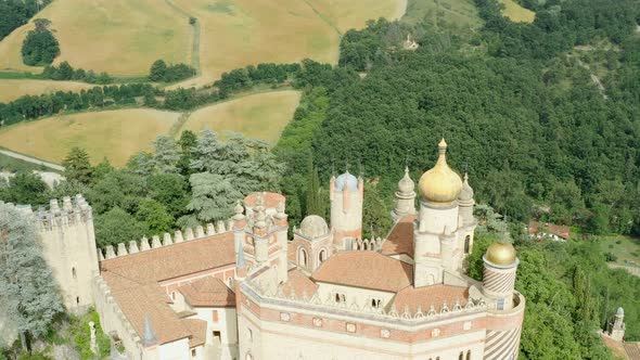 Aerial Drone Panoramic View of the Rocchetta Mattei Castle in Italy on Sunny Summer Day View From