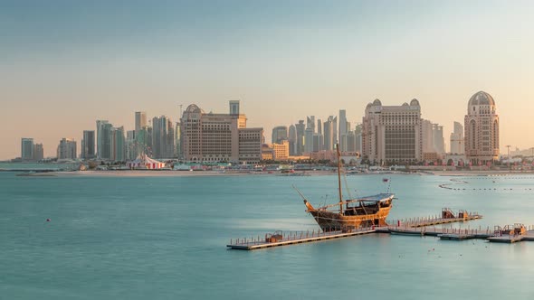 View From Katara Beach Timelapse in Doha Qatar Towards the West Bay and City Center