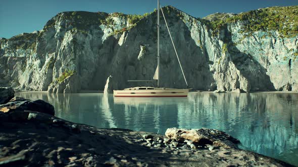 White Yacht Anchored in a Bay with Rocky Cliffs