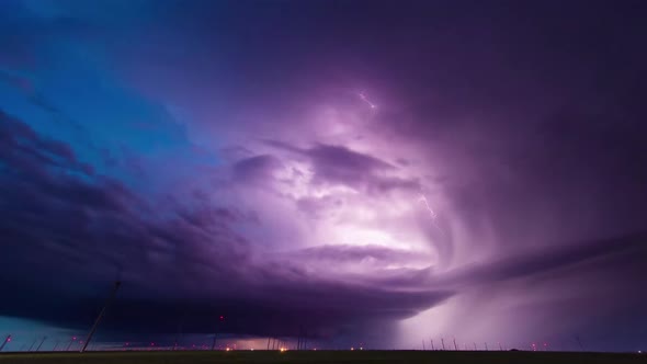 Spectacular Thunderstorm Lightning Strikes Dark Night, Rain From The Clouds