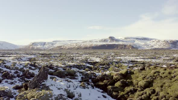 Mossy Lava Fields of Iceland in the Winter Flyover