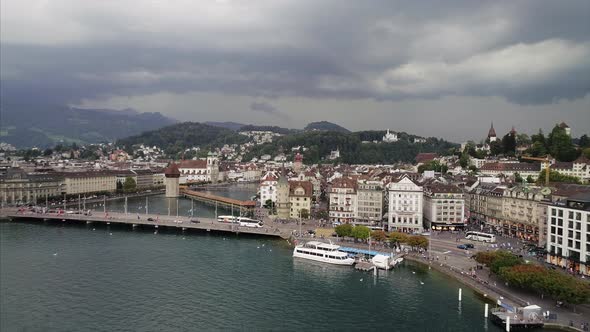 Wide Aerial Shot of Lucerne and Reuss River 