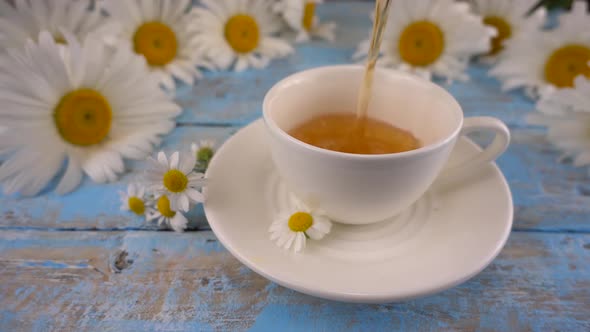 Composition with chamomile flowers and white cup of herbal tea on vintage light blue wooden table