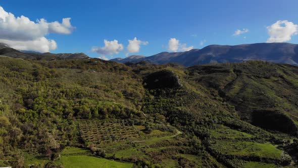 Panorama of Mountain Landscape Top of Dense Green Spruce Forest on Slopes Aerial View of Drone Turn