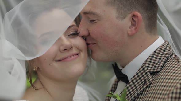 Newlyweds. Caucasian Groom with Bride Stay Under Veil in Park. Wedding Couple. Man and Woman in Love