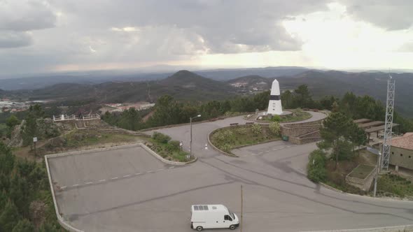 Aerial drone view of Geographical center Picoto Melrica Centro Geodesico of Portugal in Vila de Rei