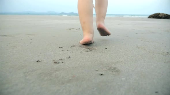 Silhouette of Children's Feet Walking on Wet Sand in Along a Tropical Beach on a Tropical Ocean