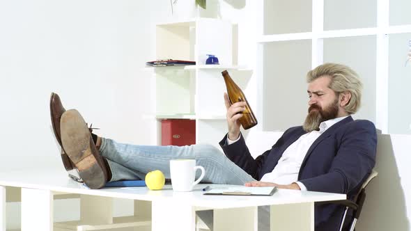 Tired Bored Businessman Yawning at Workplace Near Laptop, Boring Work, Dead End Job, Overwork Extra