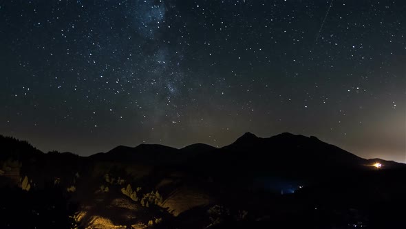 Stars Moving in Night Sky over Mountains on Countryside. Milky Way Galaxy Astronomy