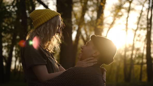 Slow motion Close up portrait of a beautiful young couple waiting to kiss in their traveling time ag