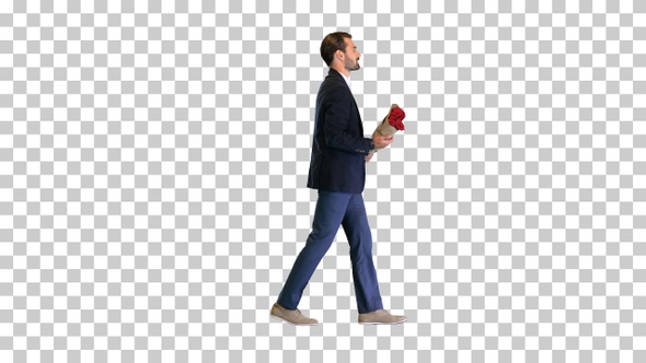 Elegant man walking with bouquet of red roses, Alpha Channel