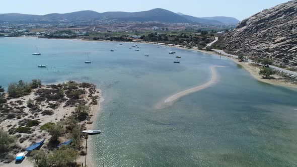 Kolimpithres beach on Paros island in the Cyclades in Greece viewed from the sky